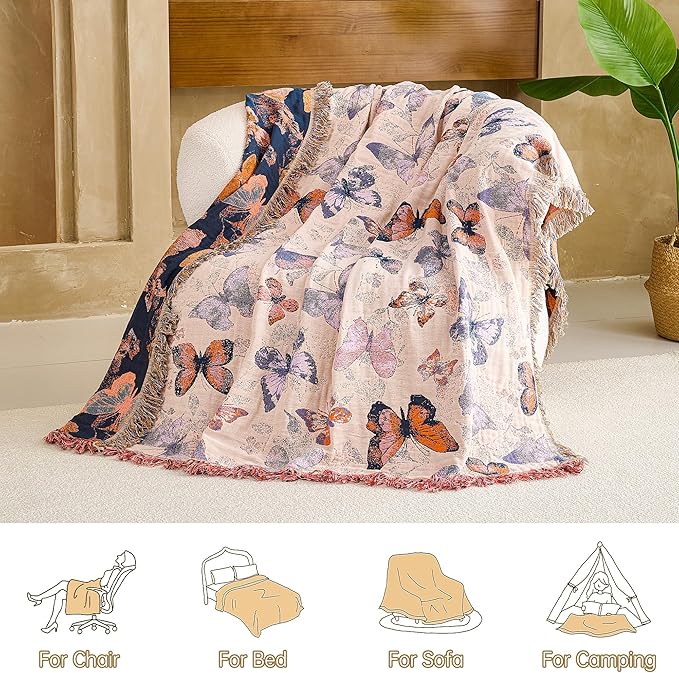 VANJOROY Boho Throw Blanket, 100% Organic Cotton Breathable Ultra Soft 80" x 90" Bed Quilt Throw - All Season Floral Rustic Farmhouse Decor Luxury Reversible Blanket for Sofa Couch Chair and Gift