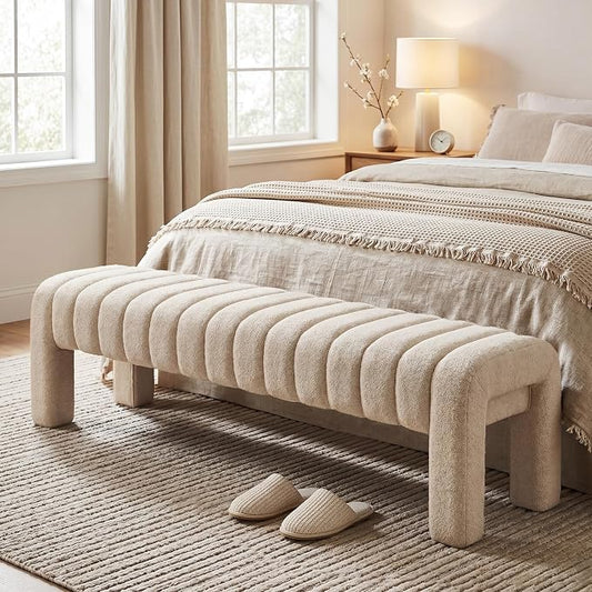 63’’ Bedroom Bench, Upholstered End of Bed Bench with Solid Wood Legs, Modern Cushioned Dining Bench with Full Covered Fabrics for Entryway, Bedroom, Living Room (Beige, Linen)