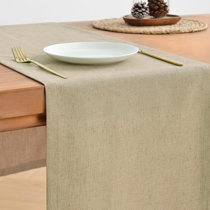 Wracra Linen Style Table Runner, Rustic Farmhouse Vintage Natural Table Runners 108 Inches Long, Handcrafted Table Runner for Fall, Winter - Everyday Use and Machine Washable