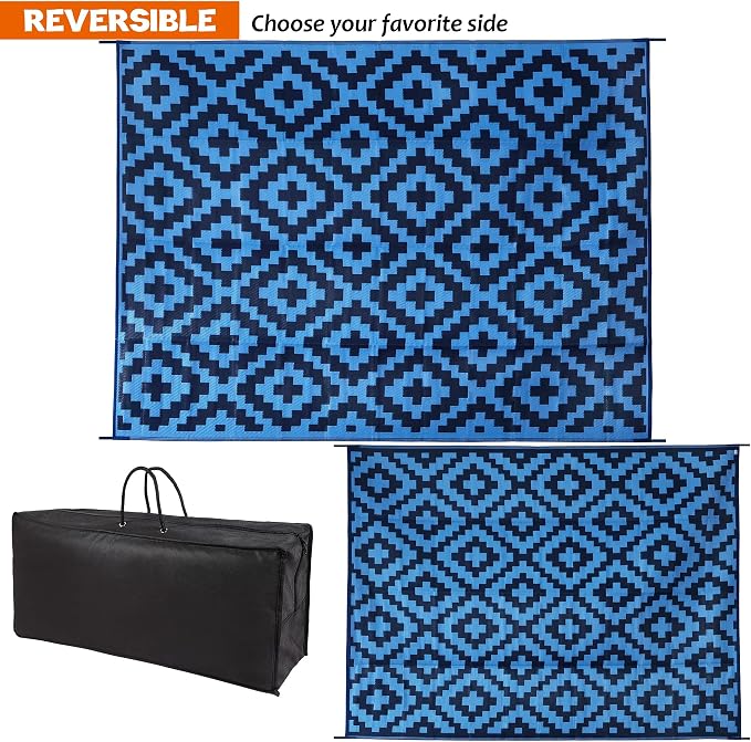 SAND MINE Reversible Mats, Plastic Straw Rug, Modern Area Rug, Large Floor Mat and Rug for Outdoors, RV, Patio, Backyard, Deck, Picnic, Beach, Trailer, Camping, Blue, 9' x 12'
