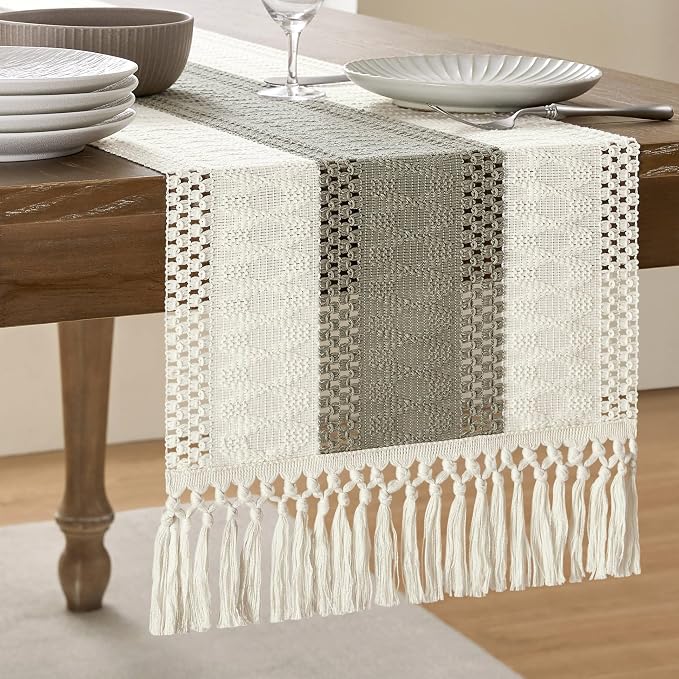 ZeeMart Macrame Style Bicolor Stitching Table Runner, 14 x 72 Inch Dark Sage/Ivory, Boho Grey Sage Table Runners 72 Inches Long, Farmhouse Woven Home Decor