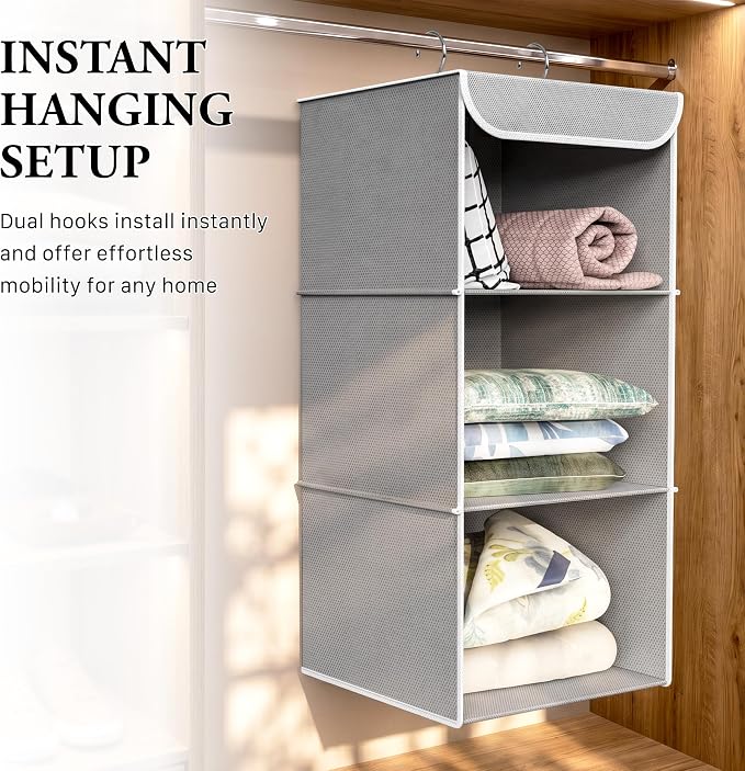Simple Houseware 3-Shelf Hanging Closet Organizer, Fabric Storage Shelves with 57L Capacity, Gray