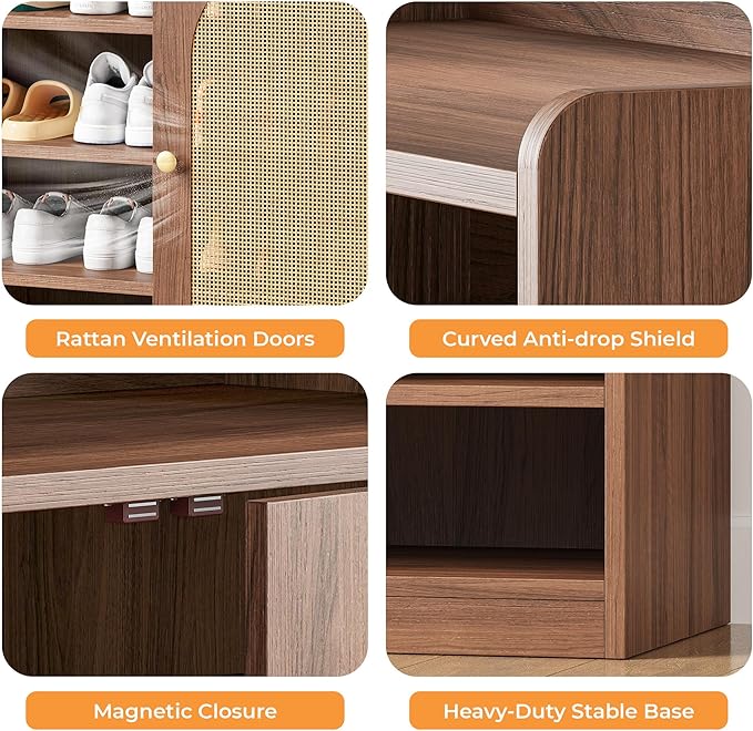 LIKIMIO Rattan Shoe Storage Cabinet with LED Light, 24 Pairs 6-Tier Shoe Cabinet Storage for Entryway with Adjustable Shelves, Farmhouse Shoe Rack Organizer for Hallway, Living Room, Walnut