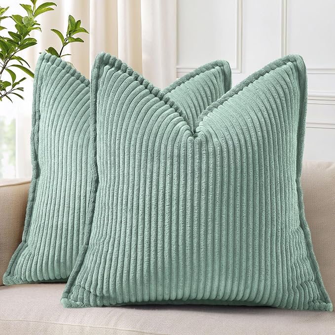 decorUhome Summer Corduroy Teal Throw Pillow Covers 18x18 Set of 2 Decorative Soft Boho Farmhouse Couch Pillow Covers for Living Room Bed Sofa Broadside Striped Pillow Cases
