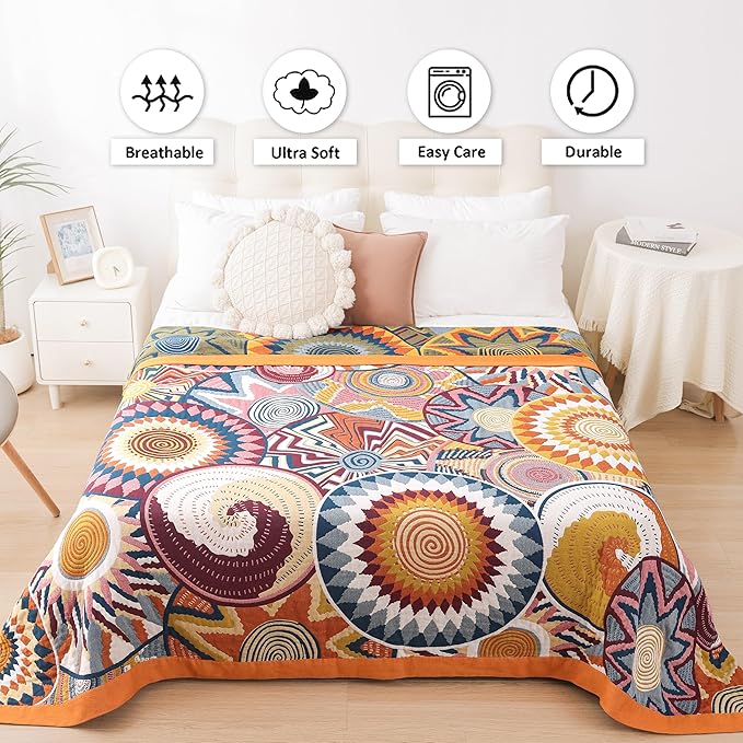 VANJOROY Boho Throw Blanket, 100% Organic Muslin Cotton Skin-friendly Breathable Ultra Soft Bed Quilt Throw - All Season Bohemian Decor Luxury Colorful Blanket for Sofa Couch Chair and Gift. 91" x 98"