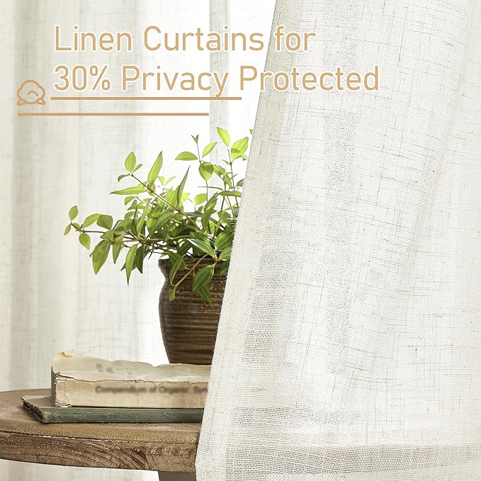 LAMIT 45 Inch Short Window Linen Curtains, Light Filtering Panels Back Tab and Rod Pocket Neutral Drapes for Cafe/Bathroom/Loft Room, Cream, 2 Panels, 34 x 45 Inch