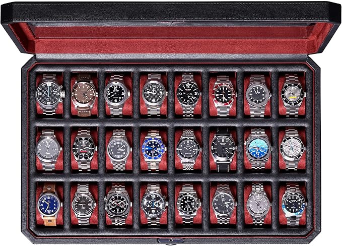 ROTHWELL 24 Slot Watch Case with Lock – Luxury Watch Box to Display and Organize Your Collection | Real Glass Top | Premium Storage for Collectors (Black/Red)