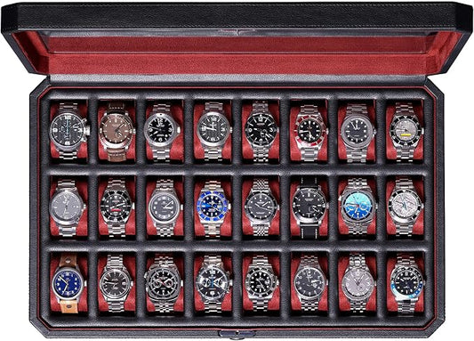 ROTHWELL 24 Slot Watch Case with Lock – Luxury Watch Box to Display and Organize Your Collection | Real Glass Top | Premium Storage for Collectors (Black/Red)