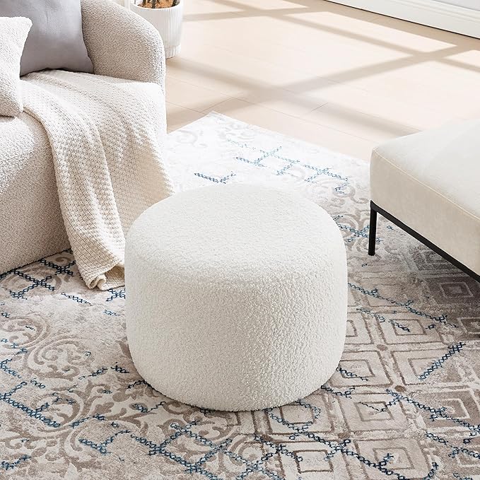 Flouki Pouf Ottoman Footrest, Foot Stools, Modern Round Upholstered Ottomans, Ottomans Pouffe, for Living Room, Bedroom, Entryway, Dorm, Selected Sherpa Fabric, White