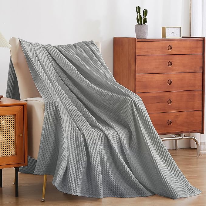 100% Egyptian Cotton Waffle Weave Throw Blanket for Bed Couch Sofa Home Decor, Soft Lightweight Bed & Couch Blanket for All Seasons (Light Grey - Full Size - 84 * 90")