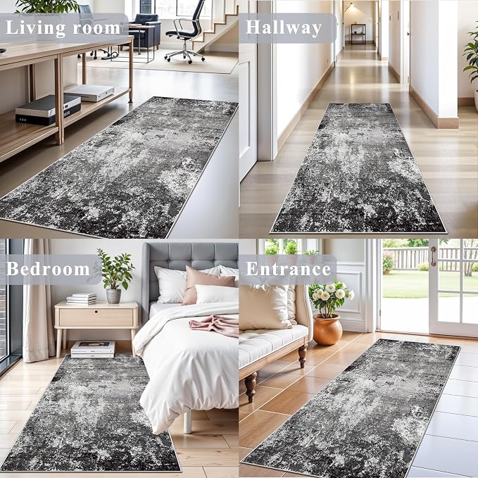 Kitchen Runner Rug 3x7 Washable Non-Slip Modern Abstract Neutral Carpet for Hallway, Entryway, Bedroom, Bathroom Low-Pile Thin Stain-Resistant Wide Floor Runner Black Grey