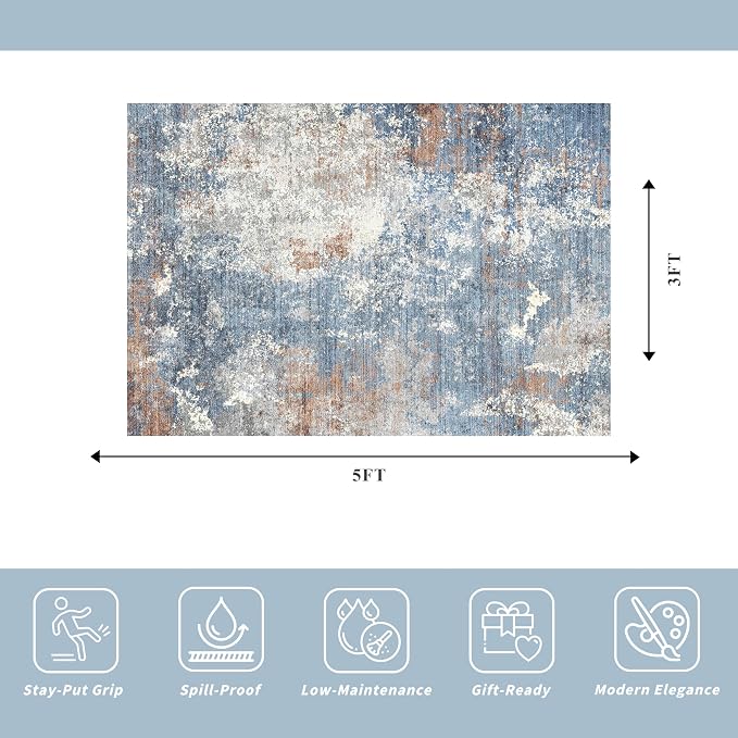 3x5 Washable Kitchen Rug – Non-Slip Rubber Backed Small Area Rug for Entryway, Bedroom, Living Room, Office – Soft Low-Pile Thin Modern Abstract Neutral Door Mat （Blue Rust,3x5）