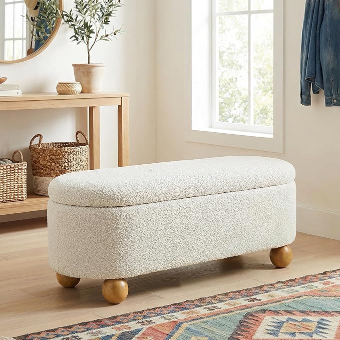 VKNOW 44.8" Storage Ottoman Bench End of Bed Bench, Thickened Upholstered Blanket Chest for Living Room, Entryway Bench with Cute Spherical Solid Wood Stool Legs for Bedroom, Beige