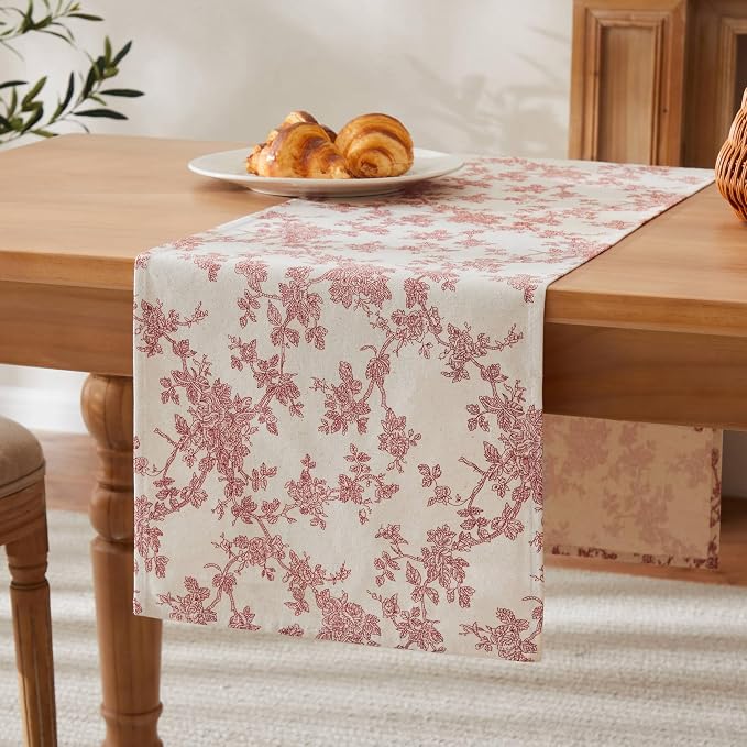 100% Cotton French Pastoral Table Runners, 13x72 Inch red Farmhouse Table Runners 72 Inches Long, Vintage Flowers Print Home Decors