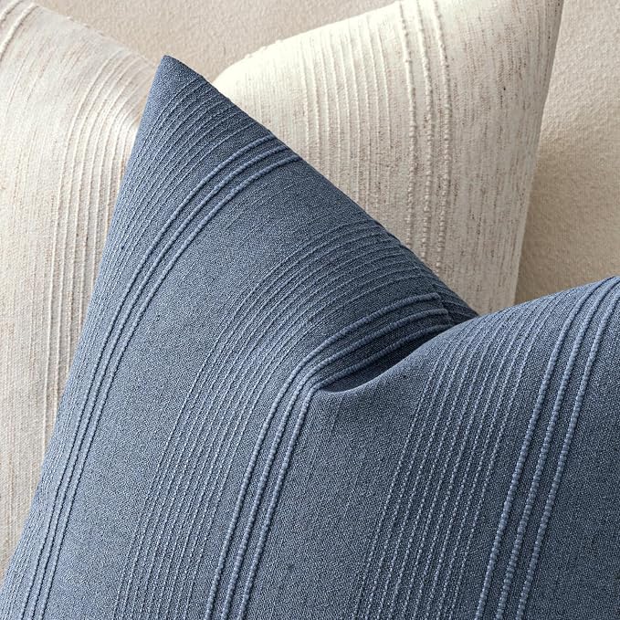 MIULEE Striped Euro Sham Pillow Covers 24x24 Decorative Textured Throw Pillow Covers Pack of 2 Linen Cushion Cases for Couch Bed Sofa Livingroom Farmhouse Home Decor, Blue