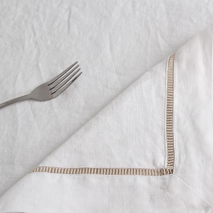 Linen World Hemstitch Linen Tablecloth,100% Natural French Flax,60x120Inch Handcrafted White-Natural Linen Table Cloth,Tabletop,Table Cloths for Kitchen,Dining,Daily Use(White-Natural)