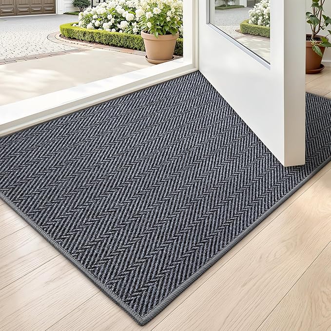 LUMI Ultra Thin Indoor Door Mat for Entrance 17"x30", Non Slip Entryway Mat, Low Profile Doormat, Unique Herringbone Design Carpet for Inside, Patio, Porch, Medium Gray