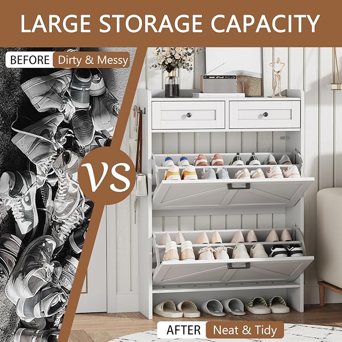 Shoe Cabinet with 2 Flip Drawers & 2 Top Drawers, 43" Tall Freestanding Narrow Wooden Shoe Storage Organizer for Entryway, Hidden Slim Shoe Rack for Front Door Entrance, Hallway, Living Room, White