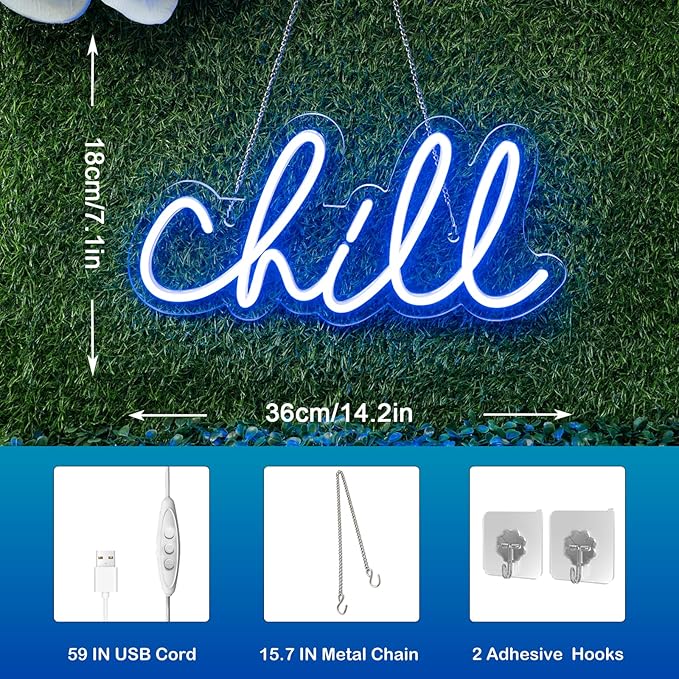 Wanxing Chill Neon Sign Blue Led Sign Chill Neon Wall Sign 14'' x 7'' Led Word Lights for Wall Decor Neon Light for Bedroom USB Powered Switch Light up Sign for Bar Hotel Game Room