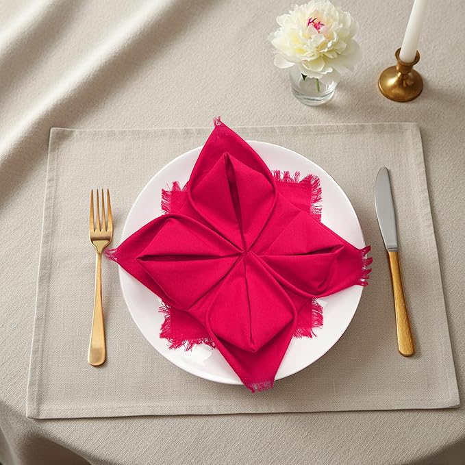 Lightnpro Cotton Napkins Set of 12, Beautiful Handmade Fringe Dinner Cloth Napkins, Washable and Reusable for Dining, Parties, Weddings, Holiday & Everyday Use - 18x18 Inch Magenta