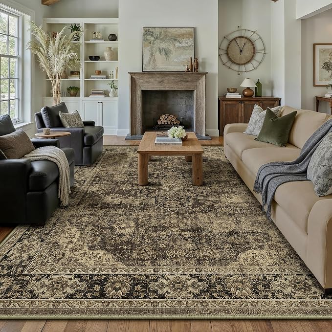 HUGEAR Retro Brown Area Rug 9x12 Machine Washable Living Room Rugs Distressed Vintage Floral Low Pile Carpet Bedroom Office Dining Room Laundry Room Non Slip Soft Lightweight