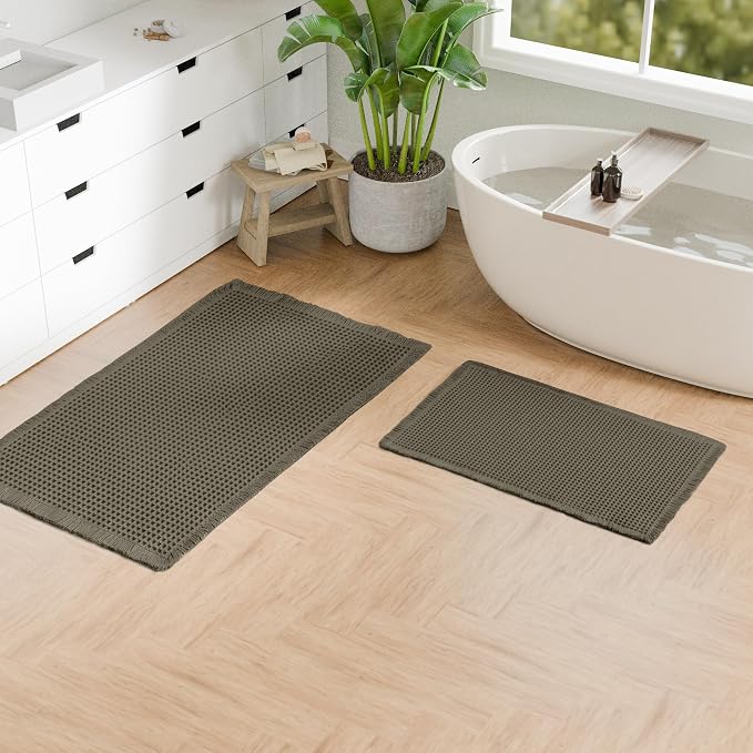 Hiasan Set of 2 Waffle Bath Mat, Super Absorbent Non Slip Bathroom Boho Rug with Tassels, Machine Washable Bath Mats for Bathroom, Ultra Soft Rubber Backed Rug, Grayish Green, 16" x 24" + 24" x 48"