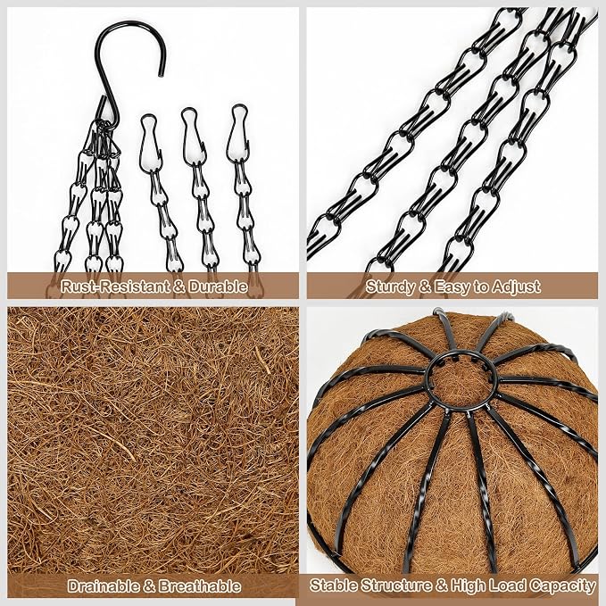 14 Inch Metal Hanging Basket with Coco Coir Liner for Flowers Planting, 2 Pack Hanging Baskets for Plants Outdoor, Round Wire Twisted Planters with Chain for Home Patio Porch Balcony Garden Decor