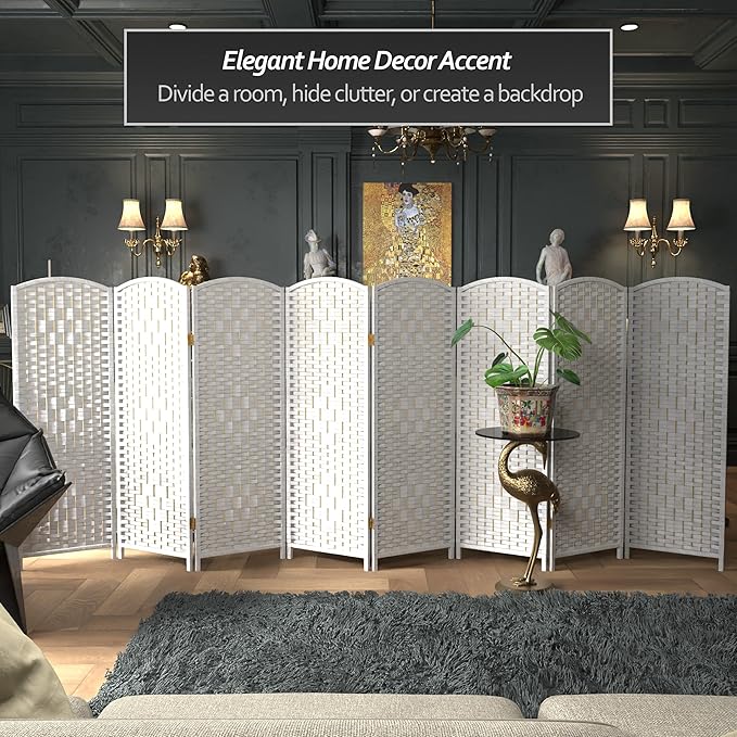 Red Lantern 4 ft. Short Diamond Weave Fiber Folding Screen - White - 8 Panel