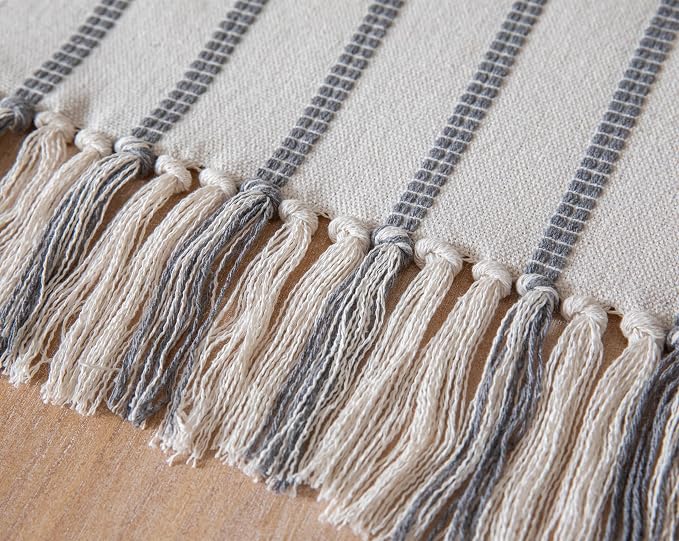 Caflife Boho Table Runner 72 Inchs Long Grey and Beige, Cotton and Linen Woven with Tassels, for Modern Rustic Farmhouse Neutral Table Runners, Bohemian Kitchen Dining Table Home Decor