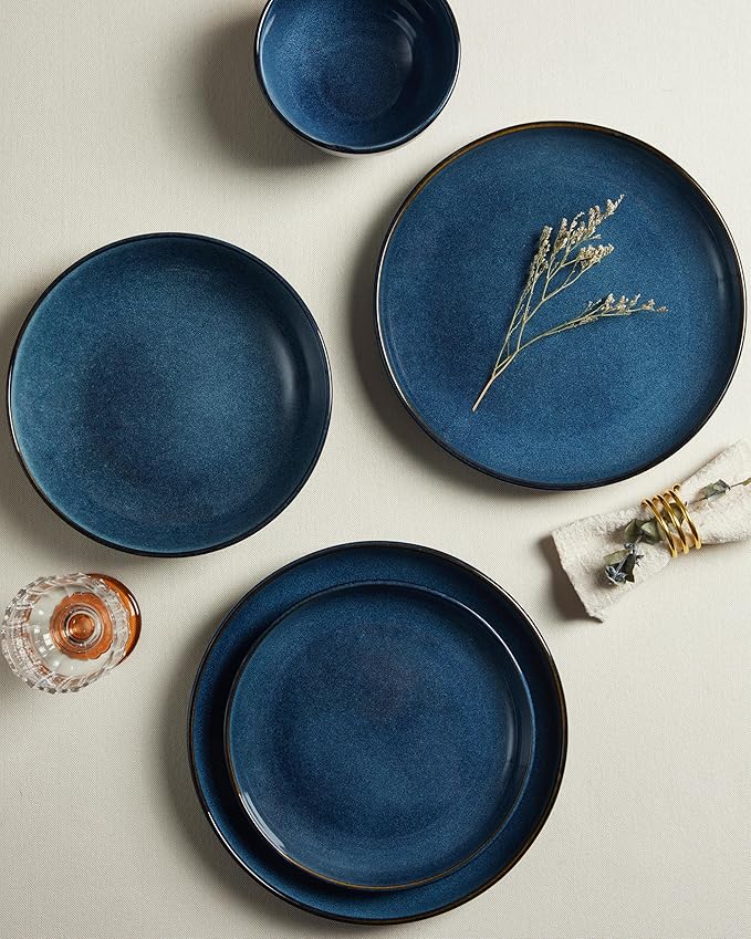 Pokini 32 Piece Double Bowl Dinnerware Sets with Pasta Bowls, Highly Chip and Crack Resistant Plates and Bowls Sets, Natural Earthyware Ceramic Dishware Sets, Service for 8 Starry Blue