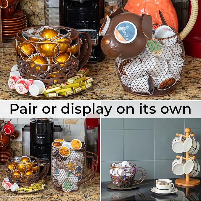 Made Easy Kit Coffee Pod Basket Organizer Practical Decoration - Compatible with Keurig K-Cup Pods & Capsules - Home Cafe Bar Decor Useful Kitchen Countertop Freestanding (Cat Vintage)