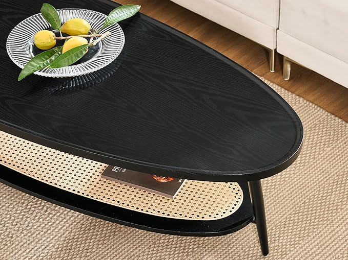 Shrine Oval Wood and Rattan Coffee Table, Mid-Century Modern Coffee Table, Two-Tier Black Walnut Table for Living Room, D47.2''x W25''x H15.3'', Walnut Wood Top and Woven Rattan Base
