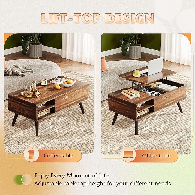WLIVE Coffee Table with Lifting Top, Hidden Storage & Adjustable Shelf for Living Room Small Space, Multifunctional Rising Wooden Center Table, Mid Century Modern Tables for Home Dining Office, Brown