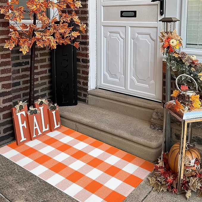 KIMODE Fall Door Mat Outdoor Orange and White 24"x51",Halloween Doormat,Washable Cotton Buffalo Plaid Check Front Door Rug for Layering Rugs,Halloween Porch Decorations,Entryway,Farmhouse
