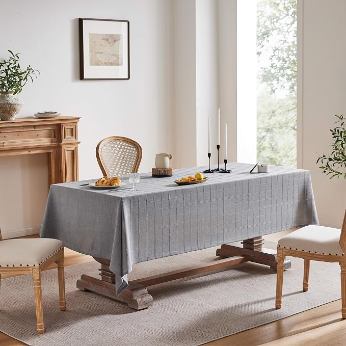 ZeeMart Linen Checked Table Cloth 52x52 Inches, Farmhouse Style Plaid Embroidered Water Resistant Square Table Cover, Blue Ashes