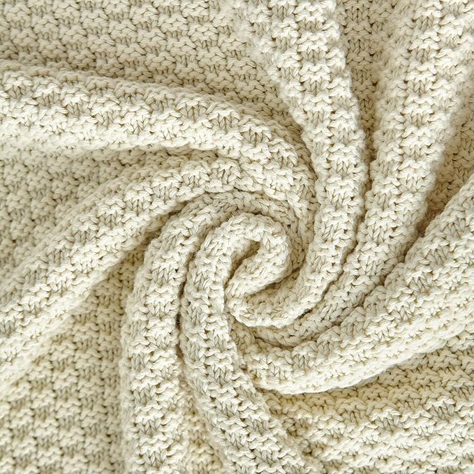 Longhui bedding 100% Cotton Knitted Throw Blanket – Cream, Soft & Cozy, Machine Washable, 51"x63" – Perfect for Living Room, Couch, Sofa, Bed or Travel