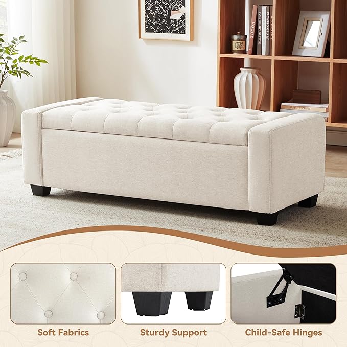 Mangodan 48" Ottoman with Storage, Large Storage Ottoman Bench for Bedroom with Safety Hinge, Upholstered Tufted Window Benches, End of Bed Bench for Living Room, Entryway Bench with Seating, Beige