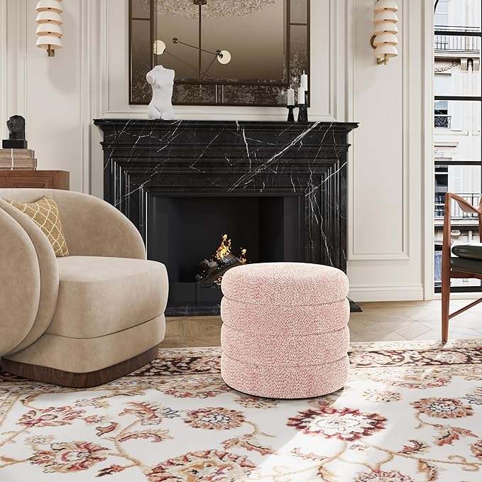 allamazing Storage Ottoman, Round Ottoman with Storage, Vanity Stool Foot Rest with Removable Lid, Round Boucle Upholstered for Living Room Pouf Footstool (Pink)
