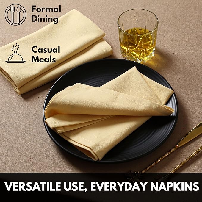 Pale Yellow Cloth Dinner Napkins 12 Pack, 17x17 Inches, 100% Cotton, Decorative Washable Cloth Napkin Set, Soft Premium Table Linen for Dining, Spring Buffet Parties, Easter Brunch