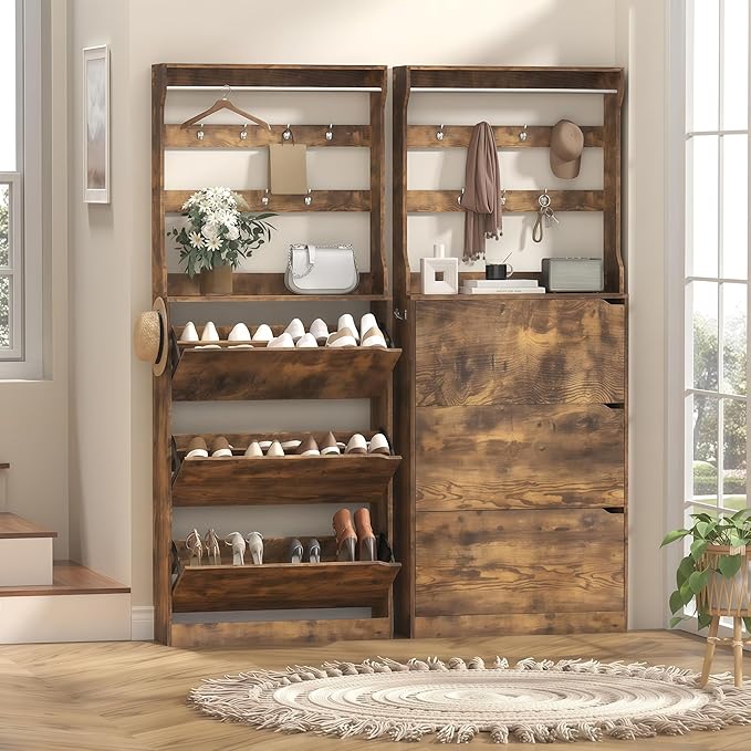 HOPUBUY Tall Shoe Cabinet with 3 Flip Drawers, Farmhouse Hidden Shoe Storage Cabinet with Rack, Slim Narrow Freestanding Shoe Storage Organizer for Entryway, Hallway & Living Room,Rustic Brown