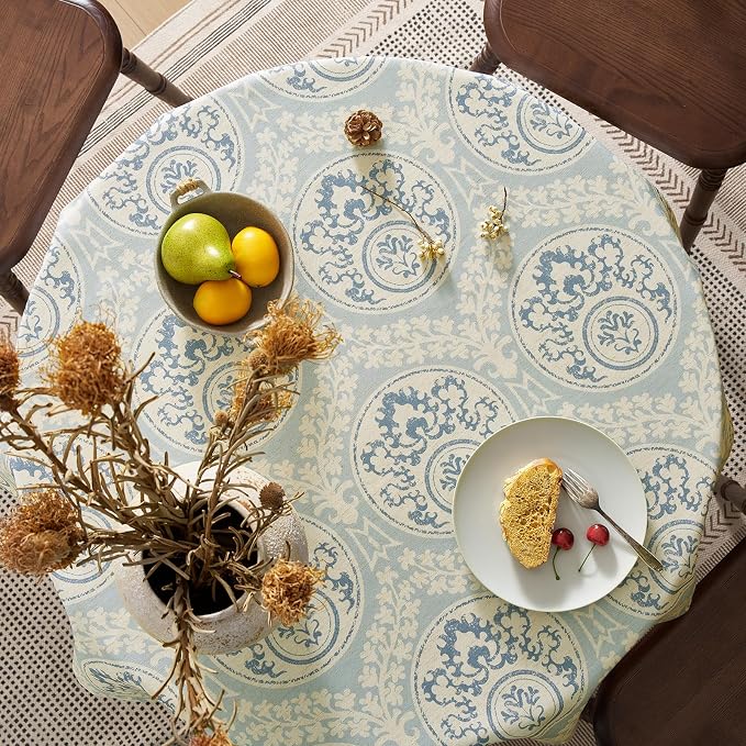 Vintage Blue Damask Square Tablecloth: Floral Linen Farmhouse Table Cloth - Pattern Printed on Burlap Textured Fabric Outdoor Table Cover for Kitchen,Dining,Party,Picnic Decor, 55x55 Inch