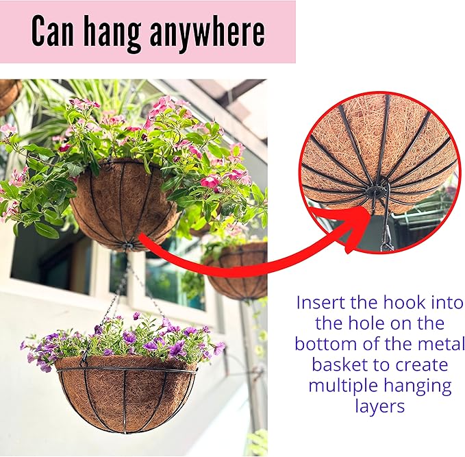 LaLaGreen Hanging Baskets for Plant Outdoor (18 Inch, 2 Pack) Extra Large Black Metal Wire Hanging Planter with Coco Liner Round Flower Pot Holder Hanger Deck Porch Modern Garden Balcony Country Decor