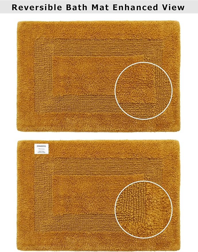 COTTON CRAFT Luxurious Bathmat Rug - Set of 2 Reversible Heavyweight Step Out Bath Mats for Bathroom Floor, Tub and Shower - Pure Cotton Soft Plush Absorbent Tufted Racetrack Mat - 17x24 - Golden Rod