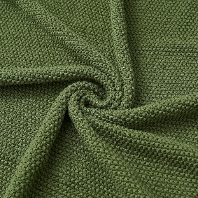 Longhui bedding Olive Green Cotton Cable Knit Throw Blanket for Couch Sofa Bed, Home Decorative Lightweight Knitted Blankets with Bonus Laundering Bag, 50“ x 60”, Machine Washable