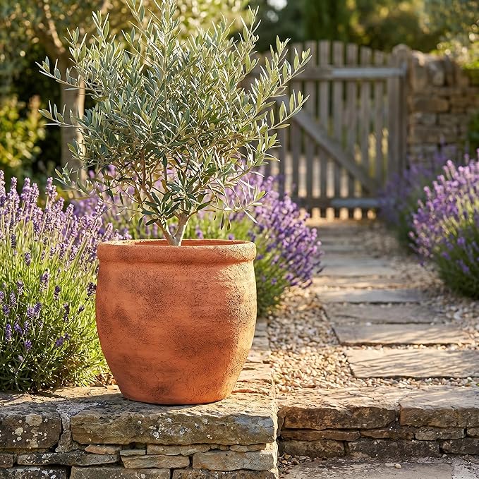 12" Dia Fiberstone Planter – Distressed Terracotta Flower Pot with Textured Matte Finish & Drainage Hole, Rustic Indoor Outdoor Planter for Patio, Porch, Garden, Farmhouse Décor