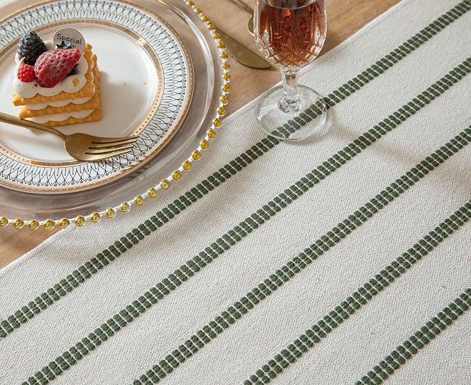 Caflife Boho Table Runner 90 Inchs Long Green and Beige, Cotton and Linen Woven with Tassels, for Modern Rustic Farmhouse Neutral Table Runners, Bohemian Kitchen Dining Table Home Decor