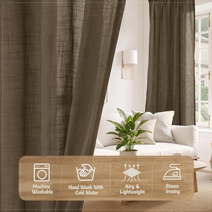 LAMIT Brown 102 inch Long Sheer Curtains for Living Room, EMI Sheer Back Tab and Rod Pocket Faux Linen Blend Window Treatment Panels Light Filtering Drapes for Bedroom, 52 x 102 Inch, 2 Panels