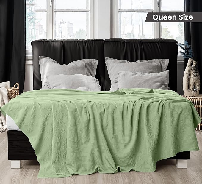 Utopia Bedding 100% Cotton Thermal Blanket Sage Green Queen Size Soft, Lightweight, Breathable, Cozy Spring and Summer Blankets for Bed, Home Room Decor Gifts for Women and Men (90x90 Inches)