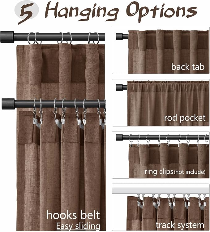 Joywell Caramel Brown Linen Curtains 120 Inches Length Light Filtering Neutral Farmhouse Boho Rod Pocket Back Tab Hook Belt Clip Rings Semi Sheer Window Drapes for Bedroom Living Room 52x120