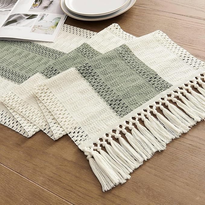 EMMTEEY Boho Table Runner with Tassels- Scratch & Heat Resistant, 94 Inches Long Table Runner Cotton Linen Macrame Handmade for Dining Table/Wedding Décor (12"X94", Sage Green)
